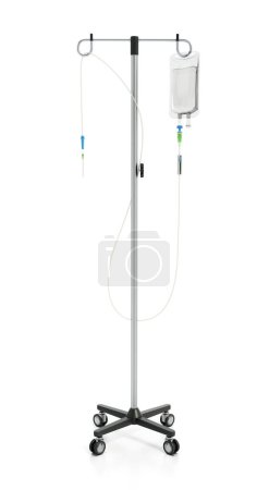 Wheeled adjustable IV pole with serum bag isolated on white background. 3D illustration.