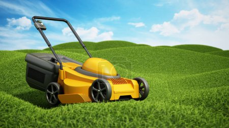 Generic lawnmover on green terrain covered with grass. 3D illustration.