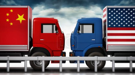 Téléchargez les photos : Camions avec les États-Unis et la Chine drapeaux viennent à travers dans la route étroite. Illustration 3D
. - en image libre de droit