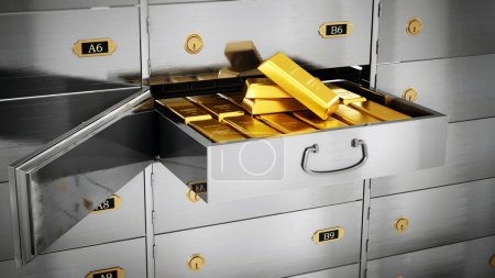 Foto de Lingotes de oro dentro de la caja de depósito del banco privado. Ilustración 3D
. - Imagen libre de derechos
