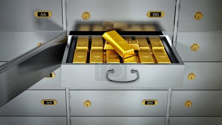 Foto de Lingotes de oro dentro de la caja de depósito del banco privado. Ilustración 3D
. - Imagen libre de derechos