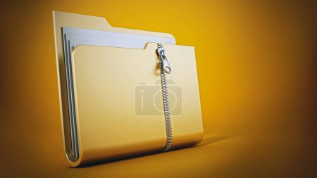 Zipped folder standing on yellow background. 3D illustration.
