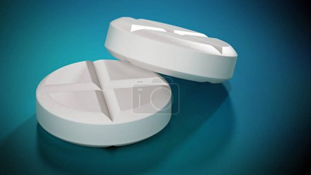 Two pills standing on green background. 3D illustration.