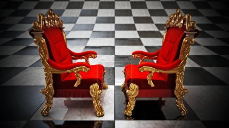 Photo for Opposing two thrones standing on checkered board. 3D illustration. - Royalty Free Image