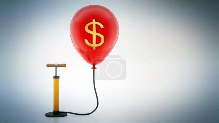 Photo for Manual hand pump connected to the inflated red balloon with Dollar icon. 3D illustration. - Royalty Free Image