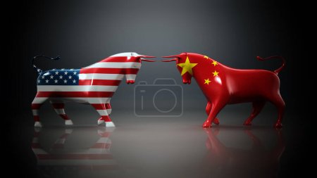 Téléchargez les photos : Taureaux avec des drapeaux américains et chinois face à face sur fond sombre. Illustration 3D. - en image libre de droit