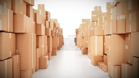 Corridor consisting of cardboard boxes. 3D illustration.
