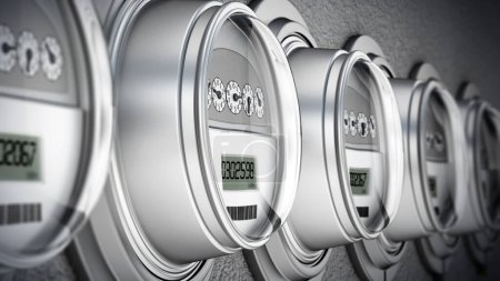 Energy efficient smart electric meters in a row. 3D illustration.
