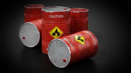 Foto de Barriles rojos con texto de advertencia inflamable de precaución y símbolo de fuego aislado sobre fondo negro. Ilustración 3D. - Imagen libre de derechos