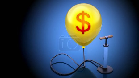 Photo for Manual hand pump connected to the inflated yellow balloon with Dollar icon. 3D illustration. - Royalty Free Image