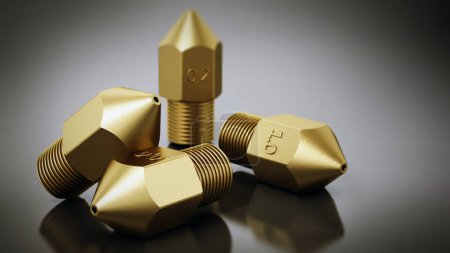 Brass 3D printer nozzles isolated on gray background. 3D illustration.