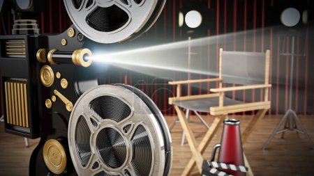 Photo for Vintage camera, director's chair, clapperboard and horn in studio. 3D illustration. - Royalty Free Image