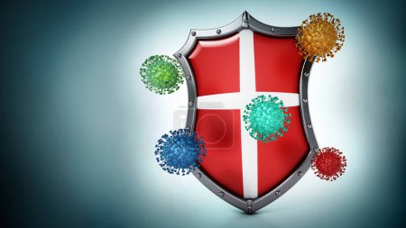Photo for Viruses and shield isolated on green background. 3D illustration. - Royalty Free Image