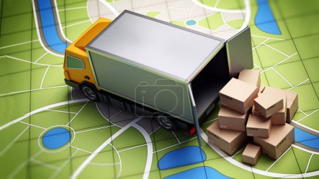 Transporter mit Ladeboxen, die auf GPS-Karte stehen. 3D-Illustration.