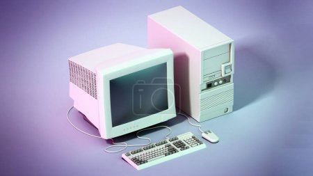 Vintage PC standing on gray background. 3D illustration.