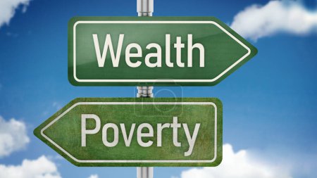 Wealth and poverty arrows pointing opposite directions. 3D illustration.