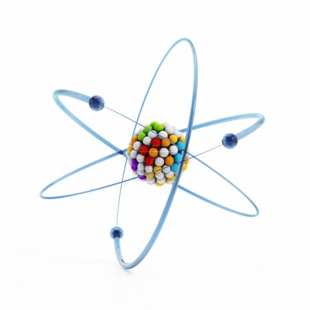 Modelo de átomo con electrones orbitales aislados sobre fondo blanco. Ilustración 3D.