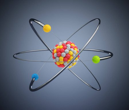 Modèle atome avec électrons orbitaux isolés sur fond gris. Illustration 3D.