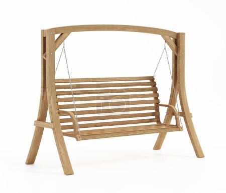 Wooden swinging garden bench isolated on white background. 3D illustration.