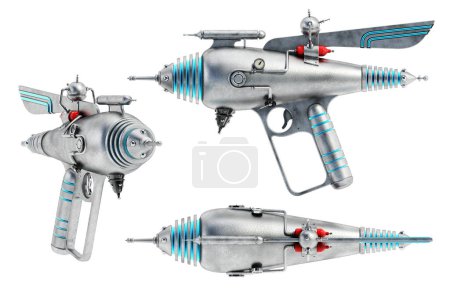Retro ray gun rendering from various views isolated on white background. 3D illustration.
