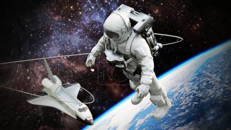 Raumfahrender Astronaut mit Blick auf die Erde und das Space Shuttle im Hintergrund. 3D-Illustration.