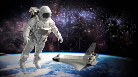 Raumfahrender Astronaut mit Blick auf die Erde und das Space Shuttle im Hintergrund. 3D-Illustration.
