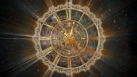 Ornate gold clock and faces with light effects on space background. Infinity of time concept. 3D illustration.