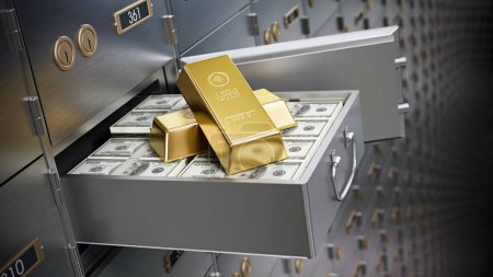 Foto de Open bank deposit box full of dollar bills and gold ingots. 3D illustration. - Imagen libre de derechos
