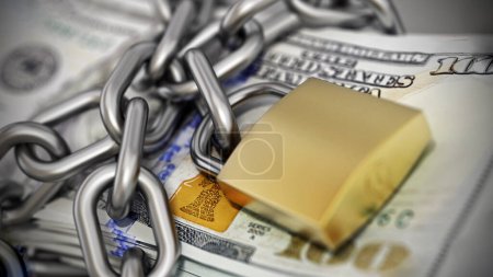 Stack of 100 Dollar bills chained and secured with a padlock. 3D illustration.