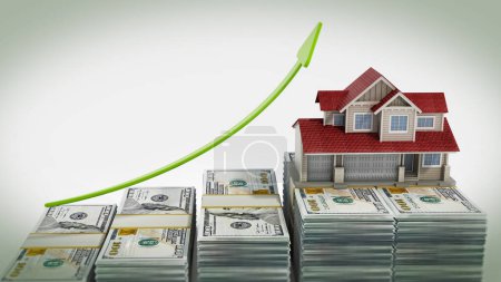 Casa de lujo en la parte superior de billetes de dólar. El aumento de los precios de la vivienda concepto. Ilustración 3D.