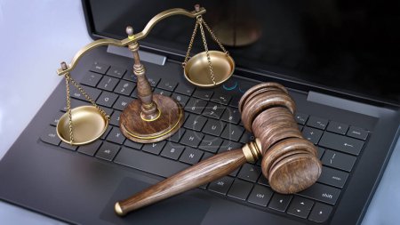 Richtergabel und Waage stehen auf der Tastatur des Laptops. 3D-Illustration.