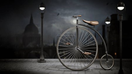 Retro-Fahrrad oder Pfennigfuchtel auf viktorianischem Hintergrund. 3D-Illustration.