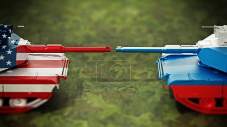 Photo for American and Russian tanks standing and targeting to each other. 3D illustration. - Royalty Free Image