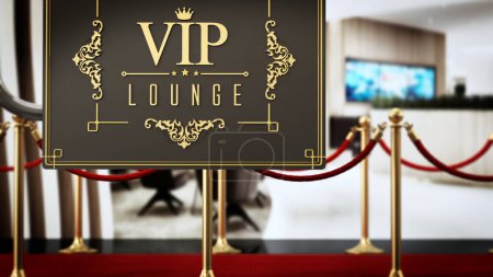 VIP lounge signboard with red carpet and velvet ropes. 3D illustration.