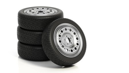 Neumáticos y ruedas de coche aislados sobre fondo blanco. Ilustración 3D.