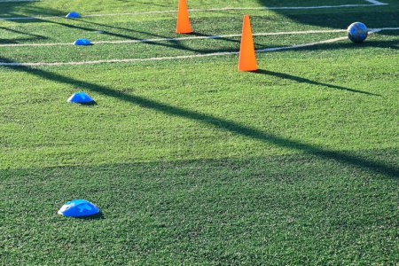 Photo for Artificial green grass soccer field with training cone and ball - Royalty Free Image