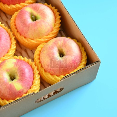Photo for Beautiful pink apple in the box on blue background - Royalty Free Image