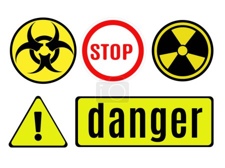 Ilustración de Signos de peligro: química, radiación y otros dsnger, signos limitantes de diversas formas y contenido - Imagen libre de derechos