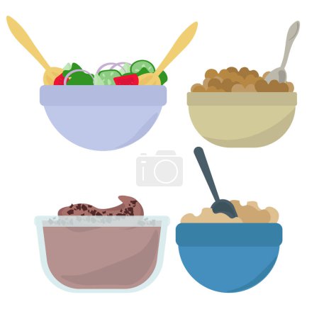 Illustration for Set of food bowls, options for lunch or a quick snack vector illustration - Royalty Free Image