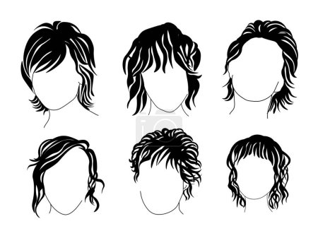 Téléchargez les illustrations : Bixie hairstyle set of silhouettes, female trendy haircut vector illustration - en licence libre de droit