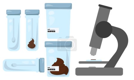 Illustration for Stool analysis and microscope, containers and equipment for laboratory research vector illustration - Royalty Free Image