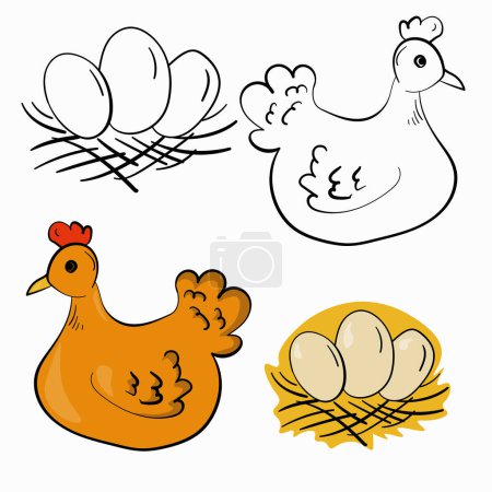 Illustration for Laying hen and nest with eggs, farming theme illustration, outlined and colorized vector illustration - Royalty Free Image