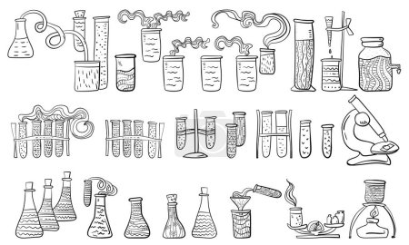 Illustration for Set of laboratory elements in the style of a meditative coloring page with patterns, laboratory glassware and appliances - Royalty Free Image
