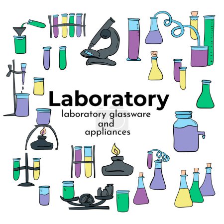Illustration for Set of laboratory elements in doodle style, laboratory glassware and devices for design vector illustration - Royalty Free Image