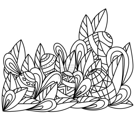 Coloring page Hunt for Easter eggs, fantasy doodle leaves, swirls and eggs outline vector illustration