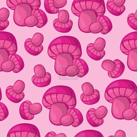 Illustration for Bright pink mushrooms seamless pattern on a gentle background, large and small with hats vector illustration - Royalty Free Image