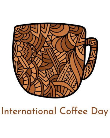 Illustration for International Coffee Day, vertical poster design with a cup with zen patterns vector illustration - Royalty Free Image