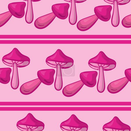 Illustration for Doodle pink mushrooms seamless pattern in horizontal rows with stripes vector illustration - Royalty Free Image
