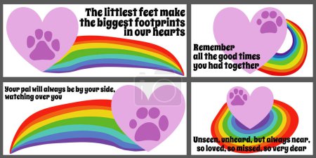 Illustration for Set of cards with sympathy phrases about the loss of a pet, a rainbow bridge and a heart with a paw print vector illustration - Royalty Free Image