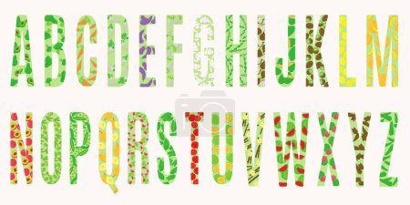Alphabet mit Obst- und Gemüsemustern, eine Reihe von Buchstaben mit essbaren Mustern Vektorillustration für Design und Kreativität